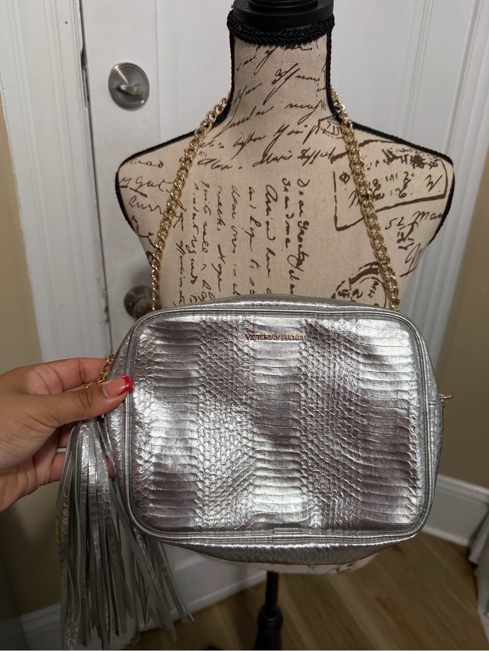 Victoria's Secret Metallic Silver Reptile-Embossed Crossbody with Tassel